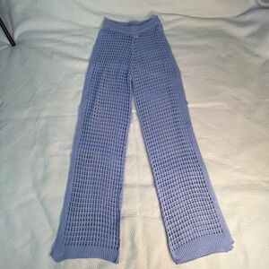 Womens Sz S Periwinkle Boho Blue Crochet Open Knit Wide Leg Beach Cover Up Pant